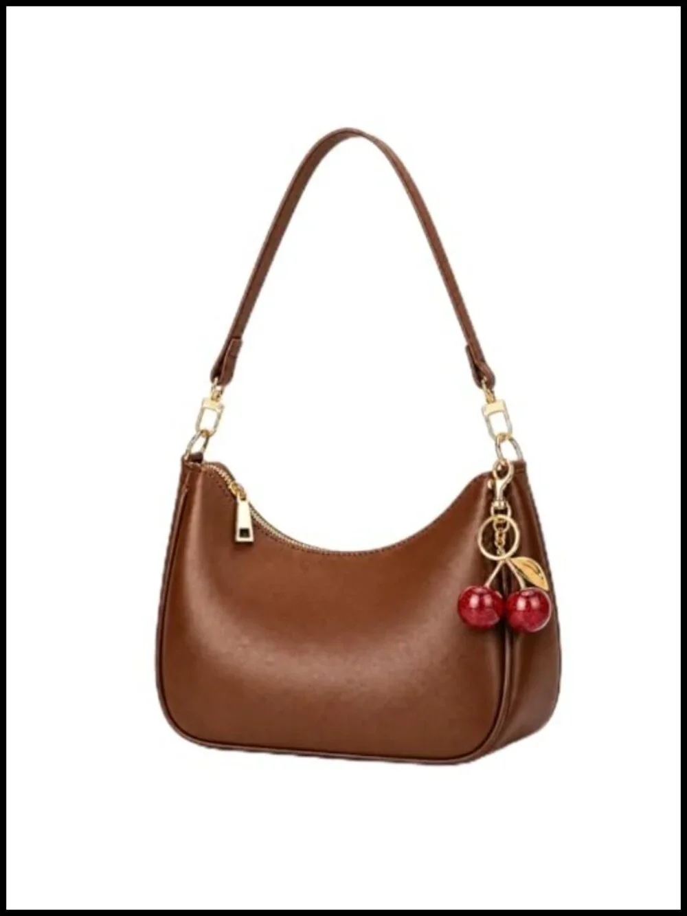 PU Leather Hobo Shoulder Bag with Zipper Closure and Cherry Charm